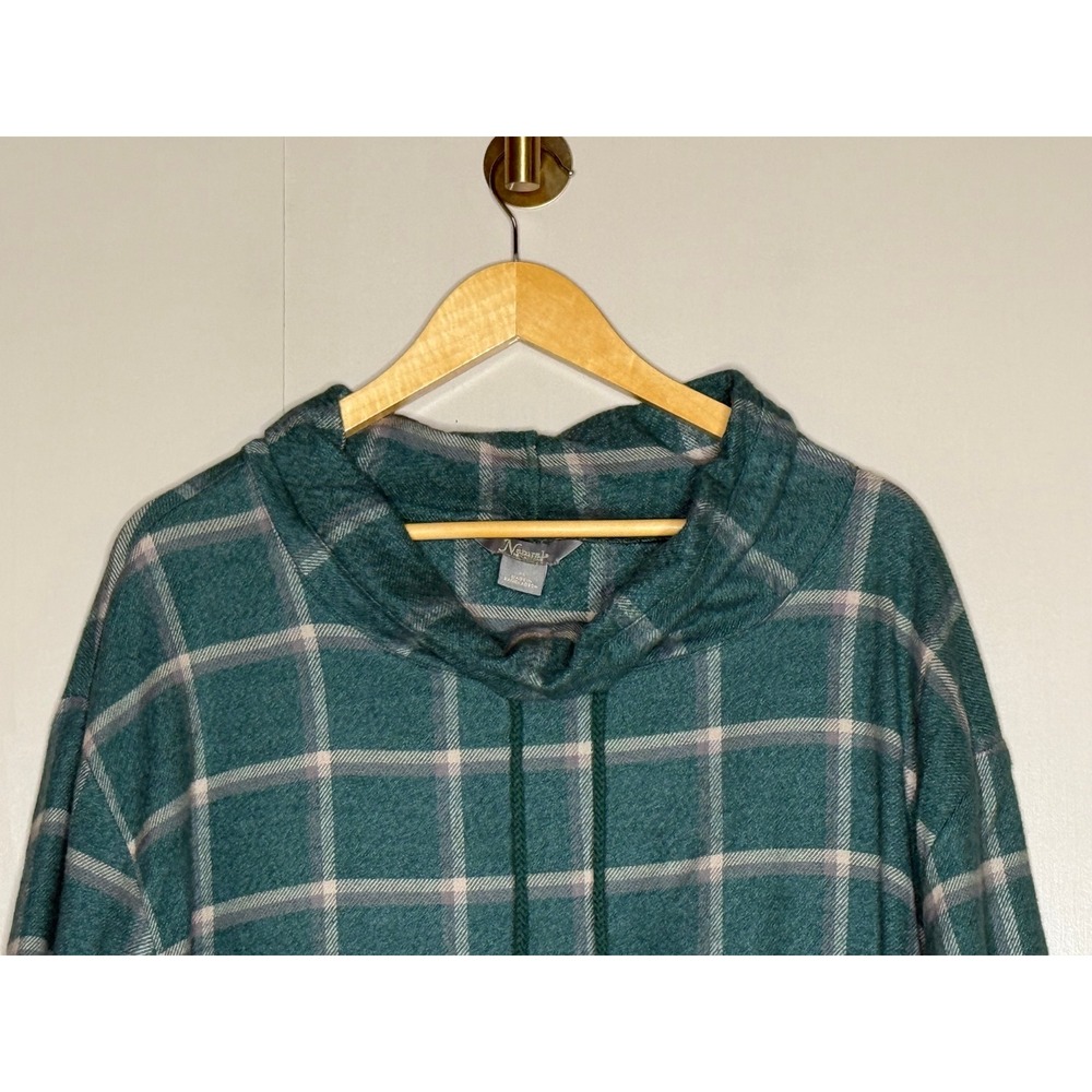 Green Plaid Cowl Neck Pullover Sweatshirt Kangaroo Pocket Cotton XL